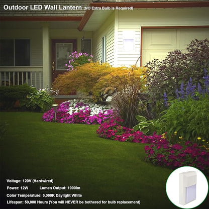 LIT-PaTH Outdoor LED Wall Lantern, Wall Sconce as Porch Lighting Fixture, 12W 1000 Lumens, Aluminum Housing Plus PC, 5000K White Finish, 2-Pack