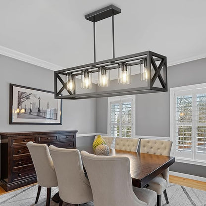 Farmhouse Dining Room Light Fixture - 5 Light Matte Black Rectangle Light Fixture with Adjustable Height & Thickened Metal Dining Table Fixture Chandeliers for Dining Room&Kitchen Island