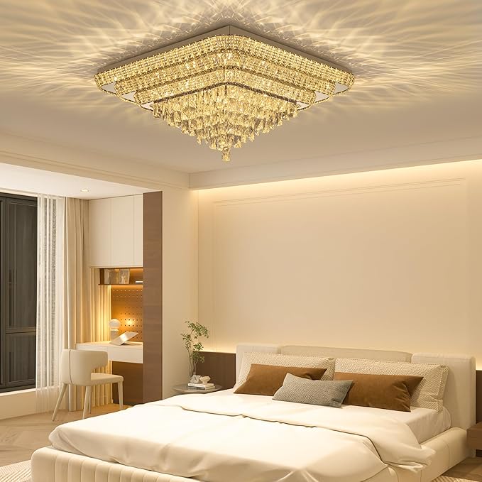 COCOSTAR Crystal Chandeliers, Modern Led Luxury Chandelier, 43" Suqare Flush Mount Chandelier Ceiling Light, Raindrop Chandeliers for Dining Room, Living Room, Bedroom, Gold