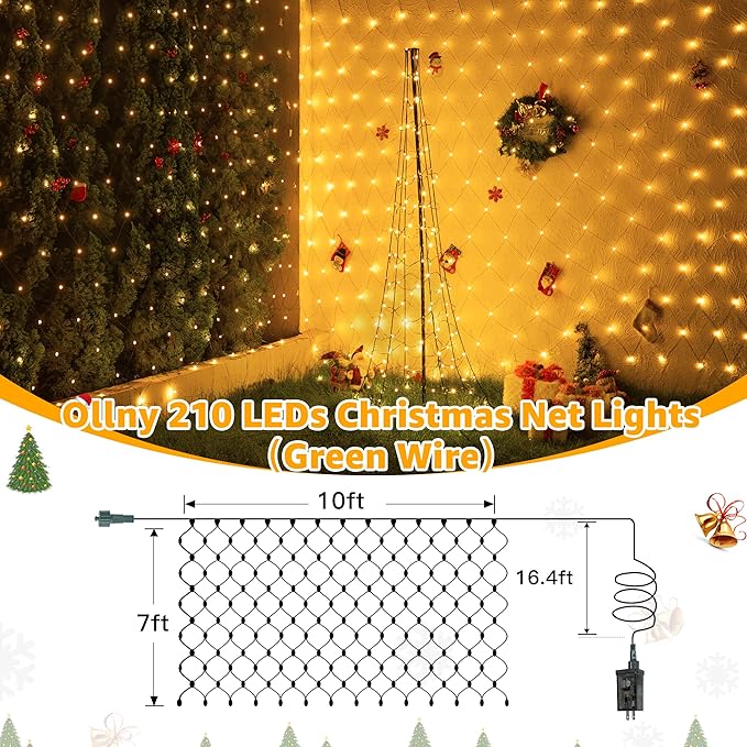 Ollny Net Lights Outdoor Mesh Light, 210LED 10x7ft Green Wire Christmas Net Lights, IP67 Waterproof, 8 Modes Plug in Bush Light for Tree Shrubs Outside Patio Decorations, Warm White