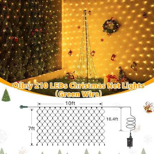 Ollny Net Lights Outdoor Mesh Light, 210LED 10x7ft Green Wire Christmas Net Lights, IP67 Waterproof, 8 Modes Plug in Bush Light for Tree Shrubs Outside Patio Decorations, Warm White