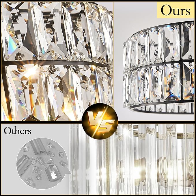 CATINER Black Crystal Chandelier 6-Lights Crystal Pendant Light Large 18 Inches Drum Semi Flush Mount Ceiling Lights for Dining Room Living Room Kitchen Closet