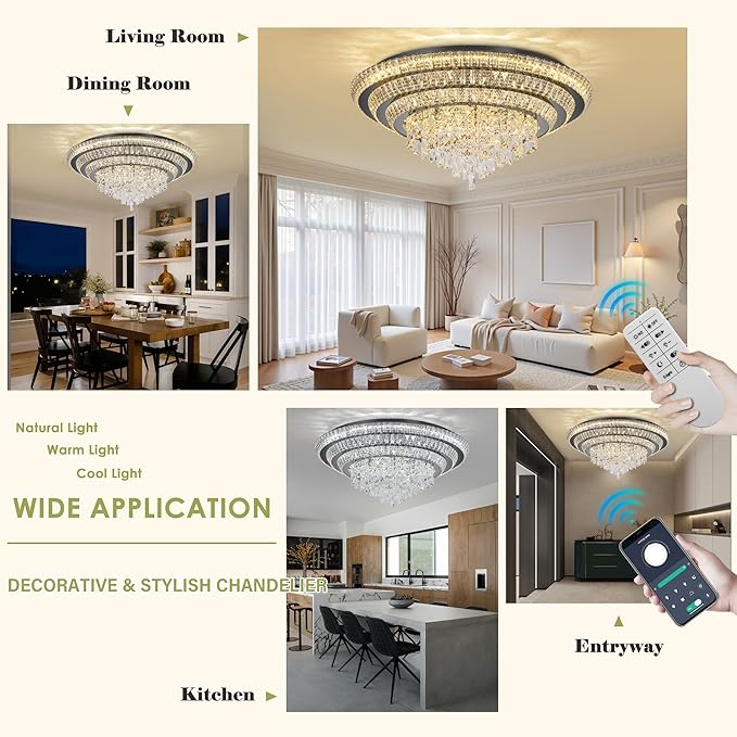 30 inch Crystal Black Ceiling-Light Flush Mount with Remote Control and APP, 3CCT Dimmable & Brightness Adjustable, Modern Crystal Raindrop Chandeliers for Bedroom Hallway Dinning Room Living Room