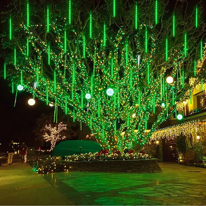 JMEXSUSS Green Solar Lights Outdoor for St. Patrick's Day Decorations, 8 Tube 144 LEDs Solar Meteor Shower Rain Lights, Green Christmas Light for Tree Eaves Yard Fence Porch Decor