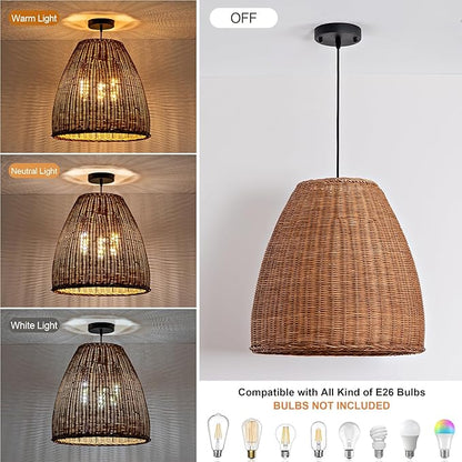 Farmhouse Rattan Chandelier 16.6" 3-Lights Boho Hand Woven Pendant Lights Wicker Dining Room Light Coastal Hanging Lighting Fixtures for Living Room Bedroom Kitchen Sink Restaurant Entryway Foyer