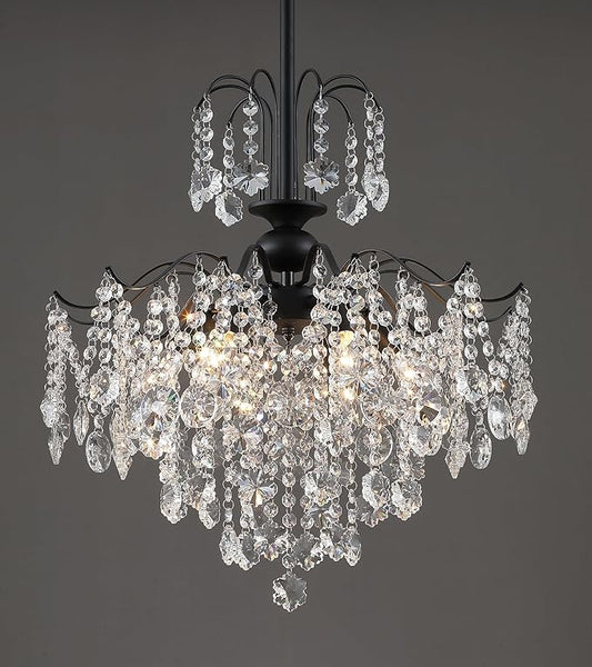 Q&S Crystal Chandelier for Dining Room,Modern Black Crystal Pendant Light,6 Lights for Kitchen Island Entryway Bathroom Office Bar UL Listed