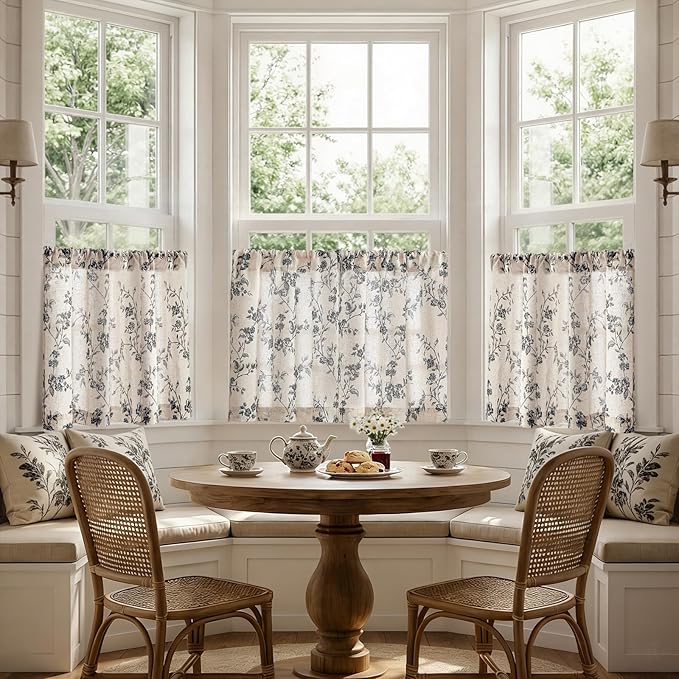 jinchan Floral Kitchen Curtains 30 Inch Linen Tier Curtains Farmhouse Cafe Half Window Drapes Over Sink Light Filtering Black on Beige for Living Room Laundry RV Rod Pocket 2 Panels