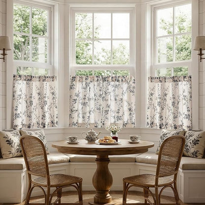 jinchan Floral Kitchen Curtains 30 Inch Linen Tier Curtains Farmhouse Cafe Half Window Drapes Over Sink Light Filtering Black on Beige for Living Room Laundry RV Rod Pocket 2 Panels