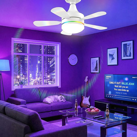 Modern Ceiling Fans with LED Lights, LED E26/E27 Screw Base Mini Light Socket Fan with Cord for Bedroom, Living Room, Kitchen, Balcony (RGB)