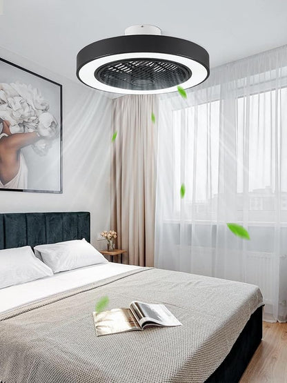 LEDIARY 22in Enclosed Ceiling Fans with Lighst and Remote, Black Modern Bladeless Ceiling Fan with Bright Light, Led Flush Mount Ceiling Fan for Bedroom, Living Room, Kid Room(6 Speeds, 3000-6000K)