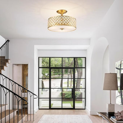3-Light Gold Semi Flush Mount Ceiling Light Fixture,Modern Drum Crystal Metal Acrylic Round Close to Ceiling Light