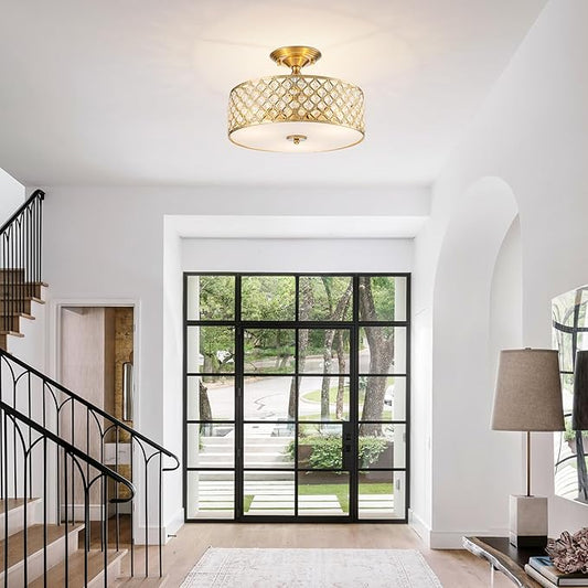 3-Light Gold Semi Flush Mount Ceiling Light Fixture,Modern Drum Crystal Metal Acrylic Round Close to Ceiling Light