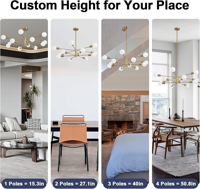 RUIYEY Modern Sputnik Chandeliers Light, 12-Light Gold Gold Dining Room Chandelier Over Table, Height Adjustable Industrial Semi Flush Mount Mid Century Chandelier for Kitchen Island Living Room