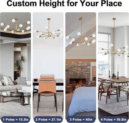 RUIYEY Modern Sputnik Chandeliers Light, 12-Light Gold Gold Dining Room Chandelier Over Table, Height Adjustable Industrial Semi Flush Mount Mid Century Chandelier for Kitchen Island Living Room