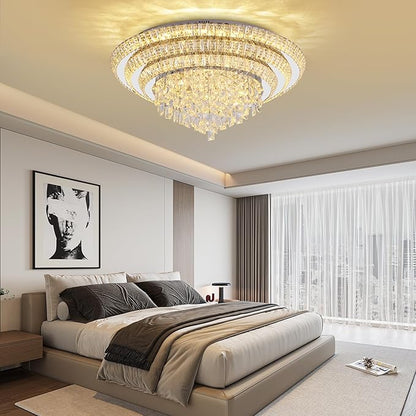 30 inch Crystal Silver Ceiling-Light Flush Mount With Remote Control and APP, 3CCT Dimmable & Brightness Adjustable, Modern Crystal Raindrop Chandeliers for Bedroom Hallway Dinning Room Living Room
