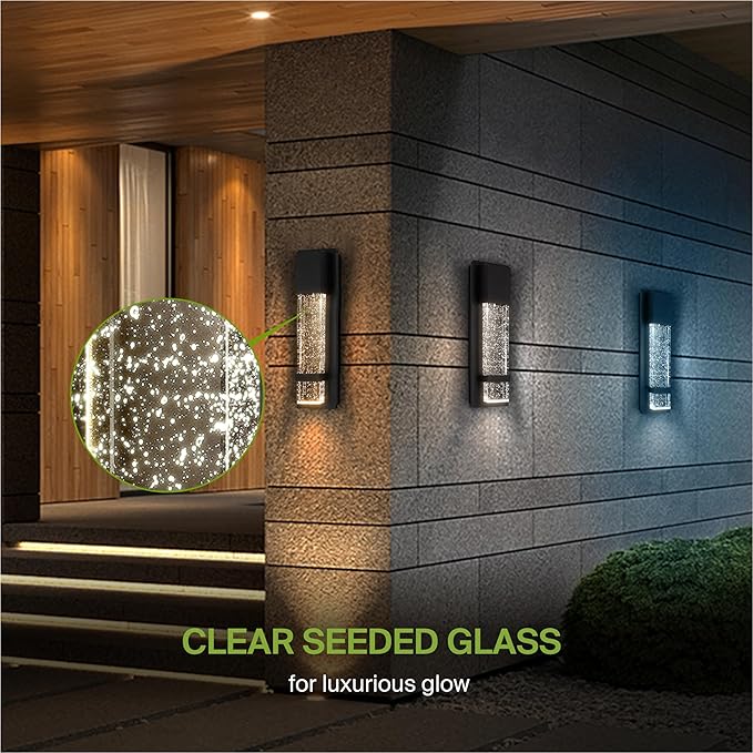 ASD LED 13" Bubble Glass Wall Light Fixture, Outdoor & Indoor Seeded Sconce | 3CCT, Waterproof, Dimmable, ETL Listed | 12W 500LM 3000-5000K 120V | Exterior Lantern, Porch Lighting | Black, 2 Pack