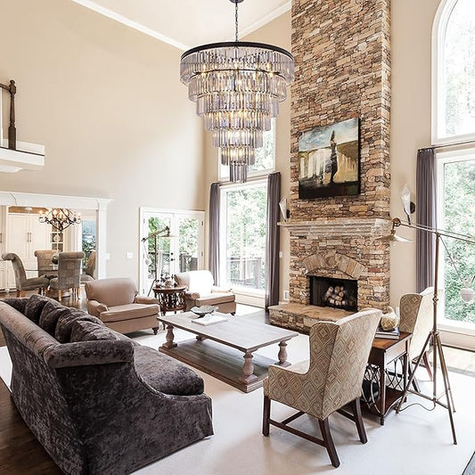 TOCHIC Black Crystal Chandelier for Living Room, 40 Inch 7-Tier Modern K9 Smoke Grey Chandeliers for Dining Room, Round Raindrop Light Hanging for High Ceiling, Staircase, Entryway, Foyer