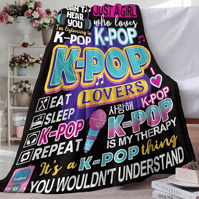 Kpop Women Girls Teen Gifts Flannel Throw Blanket, Korean Pop Music Present for Korea Friends K-Pop Lovers Fans, Funny Soft Bedding Sofa Blanket Birthday Ideas 50" x 70"