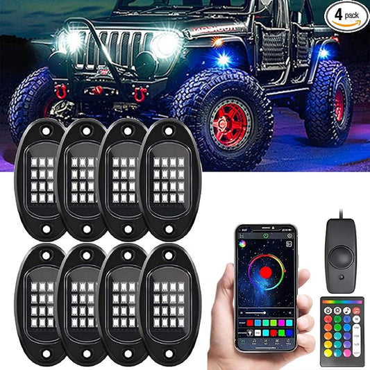 RGB LED Rock Lights for Trucks, 8 Pods Rock Lights with App/Remote Control/Music Mode, Multilcolor Neon Underglow Wheel Well Light for ATV Pickup Off Road RZR UTV Golf Car Trailer Boat