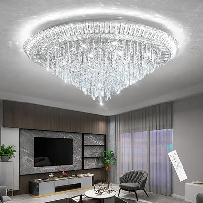 Modern LED Crystal Chandelier for Living Room Dimmable Large Ceiling Light Fixture Round Raindrop Chandeliers for Dining Room Entryway Bedroom Foyer Silver