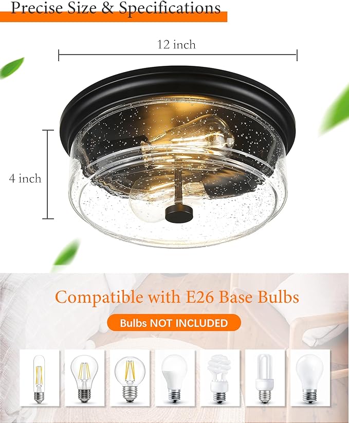Black Flush Mount Ceiling Light, 12 Inch 2-Light Industrial Farmhouse Light Fixture with Seeded Glass Shade for Kitchen, Hallway, Entryway, Bedroom