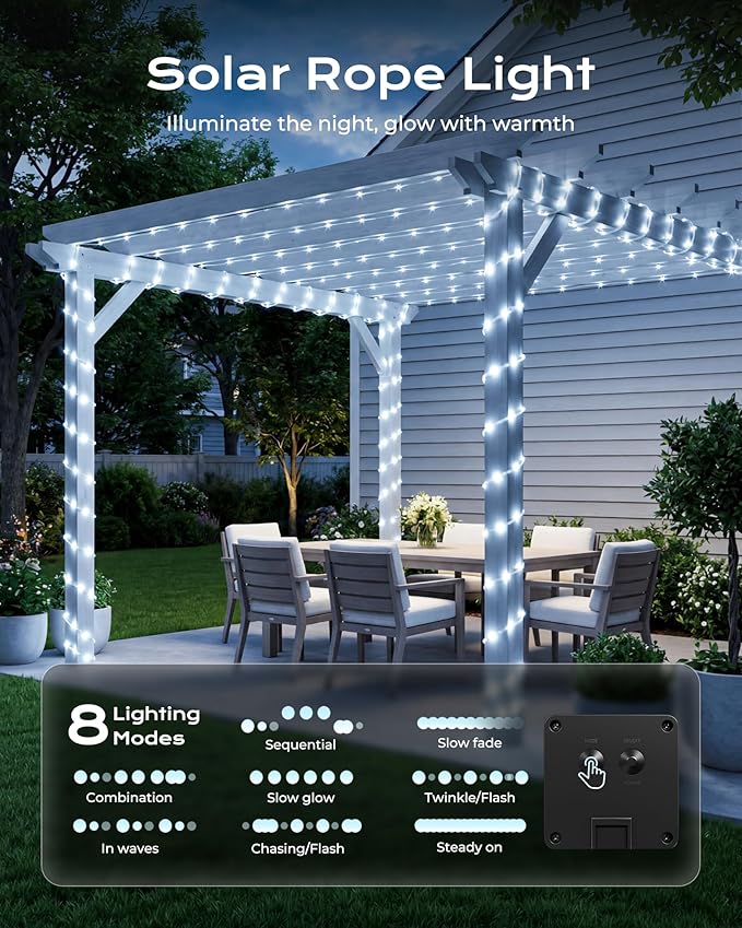 Brightown 2 Pack Solar Rope Lights, Total 78FT 200LED Pure White Solar String Lights Outdoor, IP65 Waterproof Solar Powered Fairy Lights with 8 Lighting Modes for Yard Garden Patio Tree Decoration