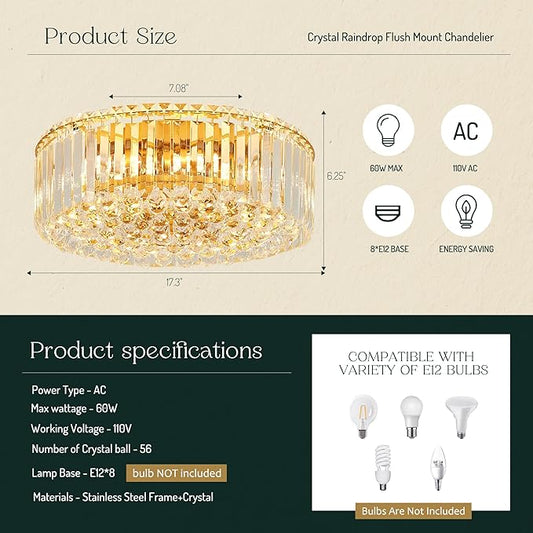 17.3" Gold K9 Crystal Raindrop Flush Mount Ceiling Light, Modern Chandelier, Round Luxury Light Fixture for Dining Room, Bedroom, Hallway, Kitchen Island & Living Room