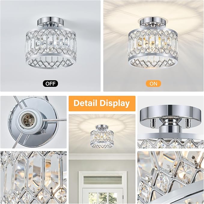 YURNYQ Crystal Ceiling Light Fixture, Modern Semi Flush Mount Ceiling Light, Chrome Lighting Fixtures Ceiling Lamp for Hallway, Kitchen, Entryway, Bedroom, Laundry Room, 9.05 Inch