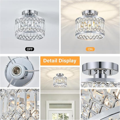 YURNYQ Crystal Ceiling Light Fixture, Modern Semi Flush Mount Ceiling Light, Chrome Lighting Fixtures Ceiling Lamp for Hallway, Kitchen, Entryway, Bedroom, Laundry Room, 9.05 Inch