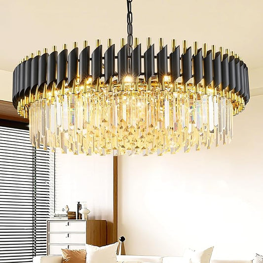 Black and Gold Crystal Chandelier Contemporary Large Crystals Chandeliers 30" with 6-Tier Sparkling K9 Crystals, Chandeliers for Dining Room Living Room Bedroom Foyer