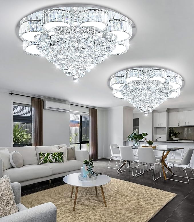 31.4" Silver Modern Crystal Chandeliers for Dining Room LED Dimmable Light Fixtures Flush Mount Light Living Room Bedrooms