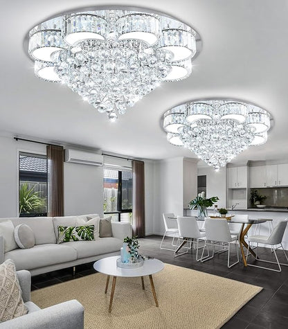 31.4" Silver Modern Crystal Chandeliers for Dining Room LED Dimmable Light Fixtures Flush Mount Light Living Room Bedrooms