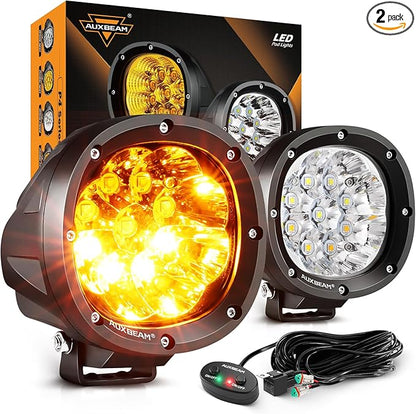 Auxbeam 6 Modes Amber White Round LED Pods, P4 Series 4 Inch 90W Flashing Offroad Strobe Lights, Dual Color Warning Off Road Fog Lights, 4x4 ATV Car Truck Spotlights, Pair