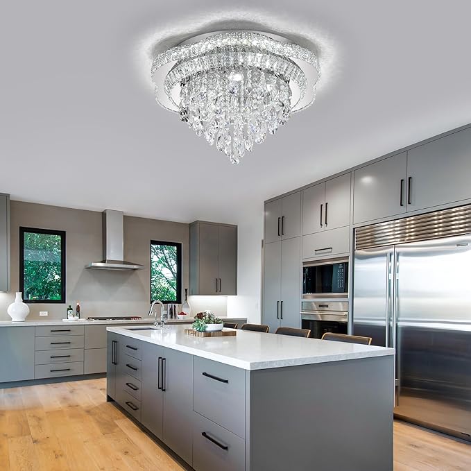 Silver 24" Modern Flush Mount Chandelier for Living Room, LED Crystal Ceiling Light for Bedroom,Elegant Dining Room Lighting Fixture with Remote Control, 3CCT Dimmable