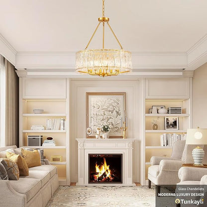 24" Modern Gold Crystal Chandelier Luxury 8-Light Round Drum Glass Chandelier Elegant Large Ceiling Light Fixture for Living Room, Dining Room, Bedroom, Foyer