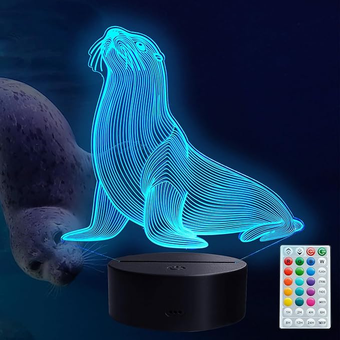 Seal 3D Night Light, Seal Gifts with Remote Control, 16 RGB Colors, 4 Flashing Modes, Timer, Dimmable, Seal Animal Toys, Stuff and Ornament for for Holiday Birthday Christmas