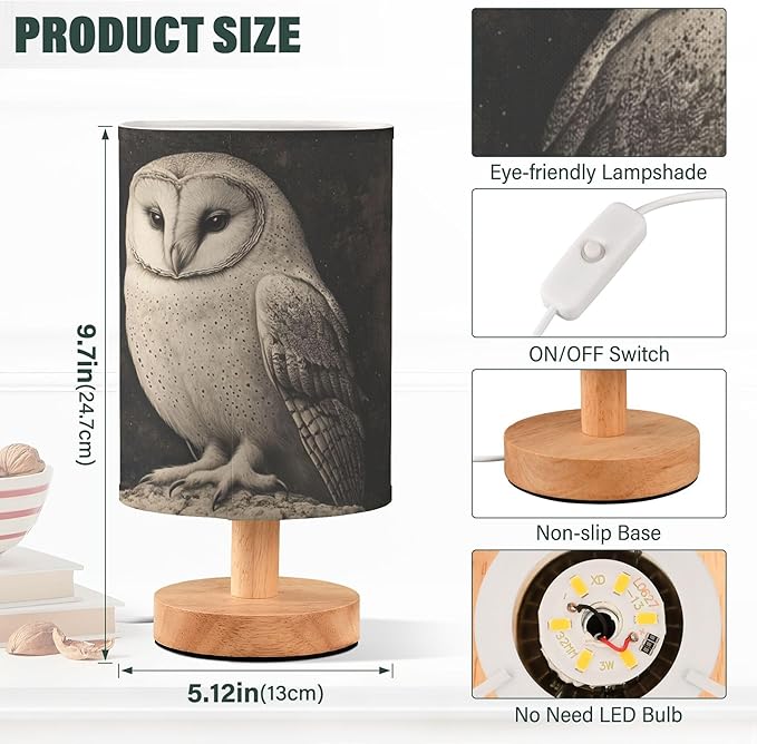 Table Lamp Owl Night Sky Nightstand Lamp with Wood Base Fabric Lamp Shade Bedside Desk Lamp for Living Room Bedroom Kids Room Office