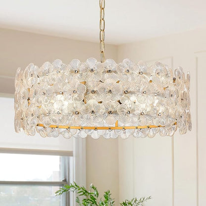 24" Clear Flower Glass Chandeliers 8-Lights Modern Gold Chandelier Light Fixture Luxury Pendant Lighting for Foyer Entryway Living Dining Room Kitchen, E12