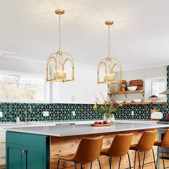 4-Light Gold Chandelier, Modern Farmhouse Lantern Chandelier with Rustic Cage Hanging Pendant Light Fixture for Kitchen Island Bedroom Living Room Entryway Foyer, Dining Room Light Fixtures Over Table