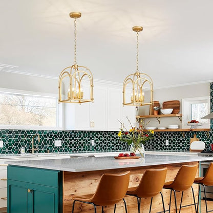 4-Light Gold Chandelier, Modern Farmhouse Lantern Chandelier with Rustic Cage Hanging Pendant Light Fixture for Kitchen Island Bedroom Living Room Entryway Foyer, Dining Room Light Fixtures Over Table