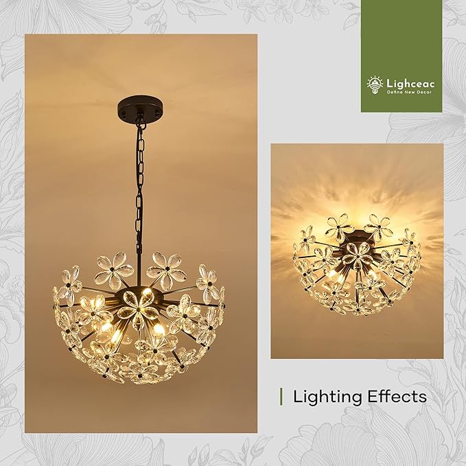 17" Modern Black Crystal Sputnik Chandelier for Dining Living Room Glam Luxury Petal Hemisphere Chandelier 7-Light for Foyer Hallway Elegant Pendant Ceiling Light Fixture for Kitchen Bedroom