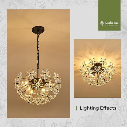 17" Modern Black Crystal Sputnik Chandelier for Dining Living Room Glam Luxury Petal Hemisphere Chandelier 7-Light for Foyer Hallway Elegant Pendant Ceiling Light Fixture for Kitchen Bedroom