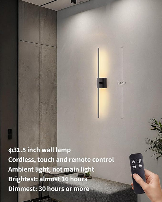 KDG Cordless Wall Sconces Set of 2, Wireless 5200mAh Rechargeable Battery Operated LED Wall Lamps with Remote, 360° Rotate Lightings for Wall Painting, Bedroom, Hallway, Night Light 31.5 inch (Black)