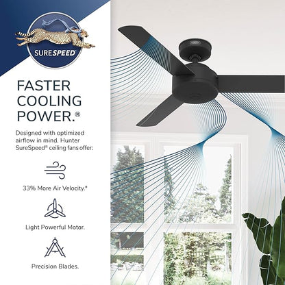 Hunter 44 inch Indoor Ceiling Fan No Light - Black Modern Ceiling Fan without Light, 3 Blades, Standard Mount, For Bedroom, Living Room, or Kitchen, Wall Control - Presto 51847, Matte Black