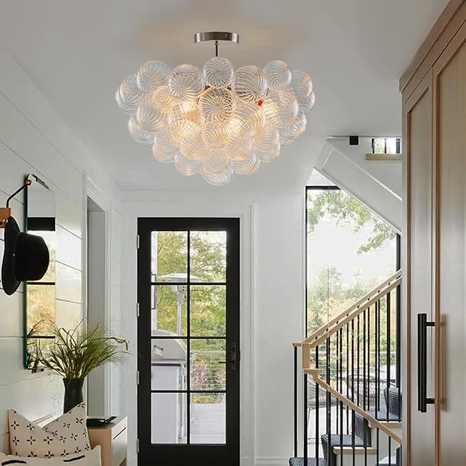 Hand Blown Glass Bubble Ball Chandelier Nickel-Plated 24" Semi-Flush Mount Ceiling Lights Art Deco Cluster Ribbed Glass Globe Chandeliers Light Fixture for Dining Living Bedroom Island