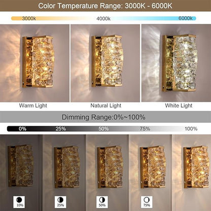 HuisMier Gold Crystal Wall Sconce, Modern Dimmable LED Sconces Wall Lighting, Luxury Vanity Light Fixture Bathroom Wall Sconces for Living Room Bedside Hallway Stairway