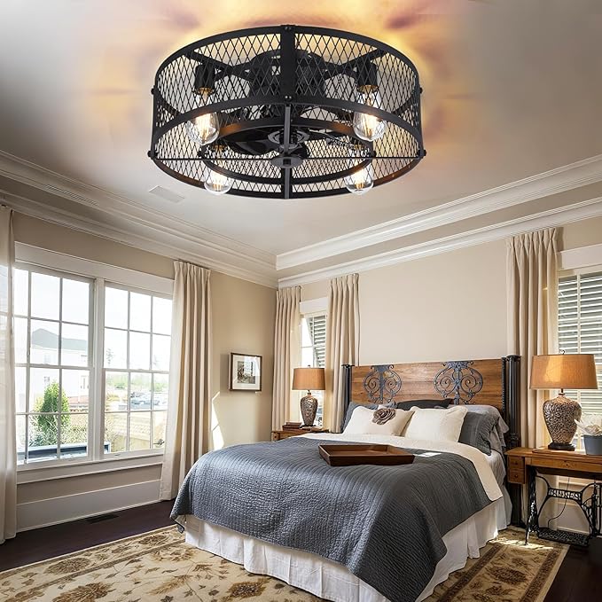 Depuley Caged Ceiling Fan with Light: 20" Flush Mount Ceiling Fans with Remote - Farmhouse Black Fandelier - Industrial Ceiling Fan Light Fixture for Small Low Indoor Bedroon Kitchen Dining Room