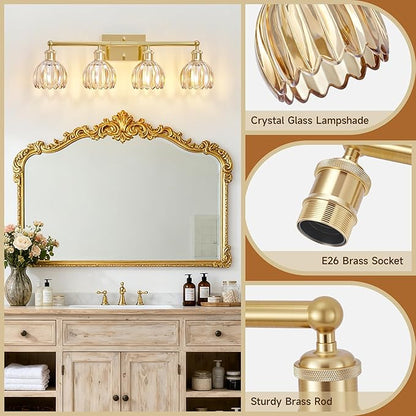 Bathroom Light Fixtures Over Mirror, 27.2 in Vintage Bathroom Light Fixture 4 Light,Antique Brass Wall Sconce with Amber Tulip Glass Shade for Bedroom Living Room,Foyer,Hallway, E26 Base