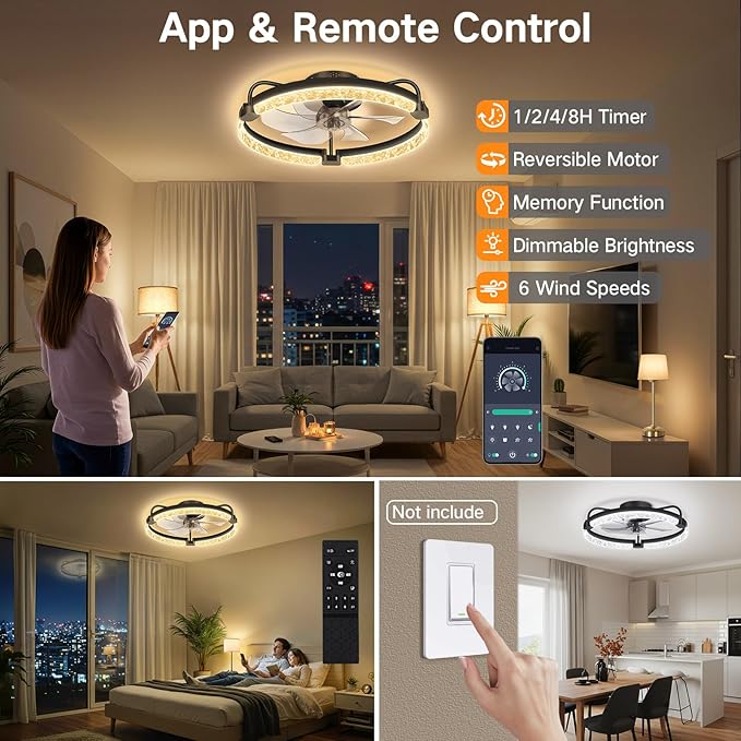 OUTON 20" Fandelier Low Profile Ceiling Fan with Light, Remote & App Control, Flush Mount Ceiling Fan with 3000K-6500K Stepless Dimmable, 6 Speed, Quiet DC Motor, Small Modern Fans for Bedroom