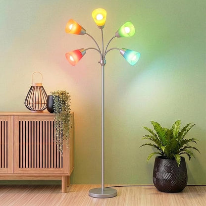 Brightech Medusa Modern LED Floor Lamp – Multi Head Floor Lamp for Living Rooms & Offices – Tall Lamp with Interchangeable Shade, Standing Lamp with 5 LED Bulbs for Hobbies - Silver
